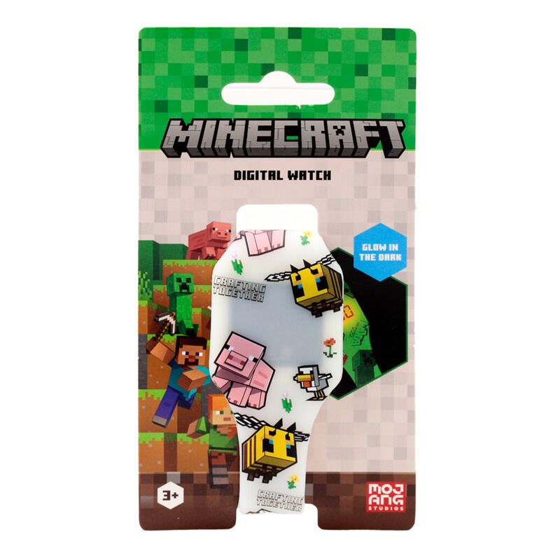 Relógio digital Minecraft com design de abelhas e porcos na embalagem.
