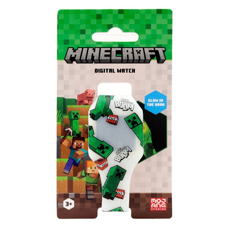 Relógio digital Minecraft com design de Creepers e TNT na embalagem.