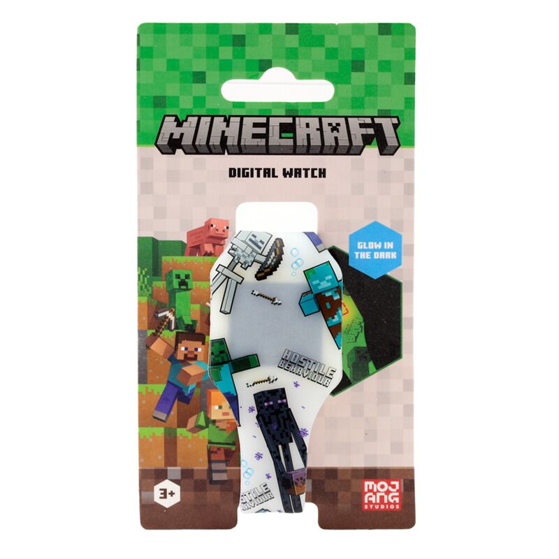 Relógio digital Minecraft com tema de criaturas hostis na embalagem.