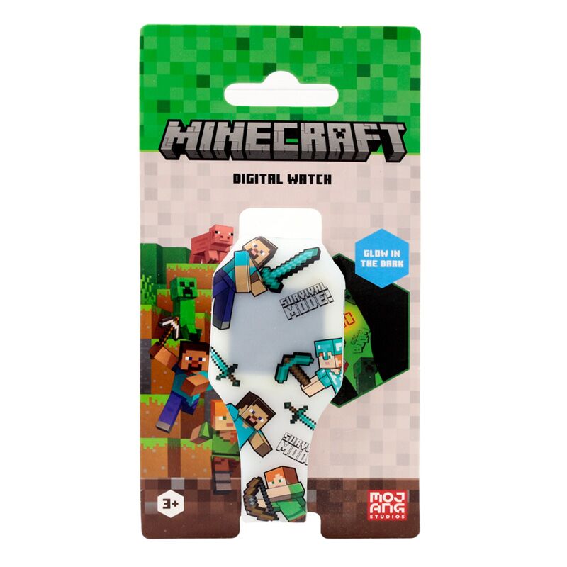 Relógio digital Minecraft com tema "Survival Mode" na embalagem.