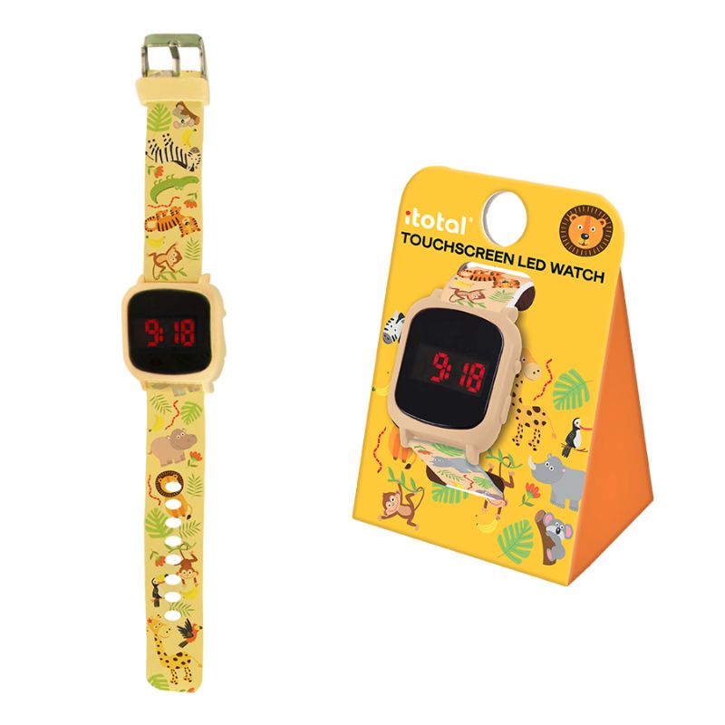 Relógio infantil com pulseira decorada com animais do safari, como girafas, zebras e leões, exibindo a hora "9:18" em vermelho sobre um fundo digital.