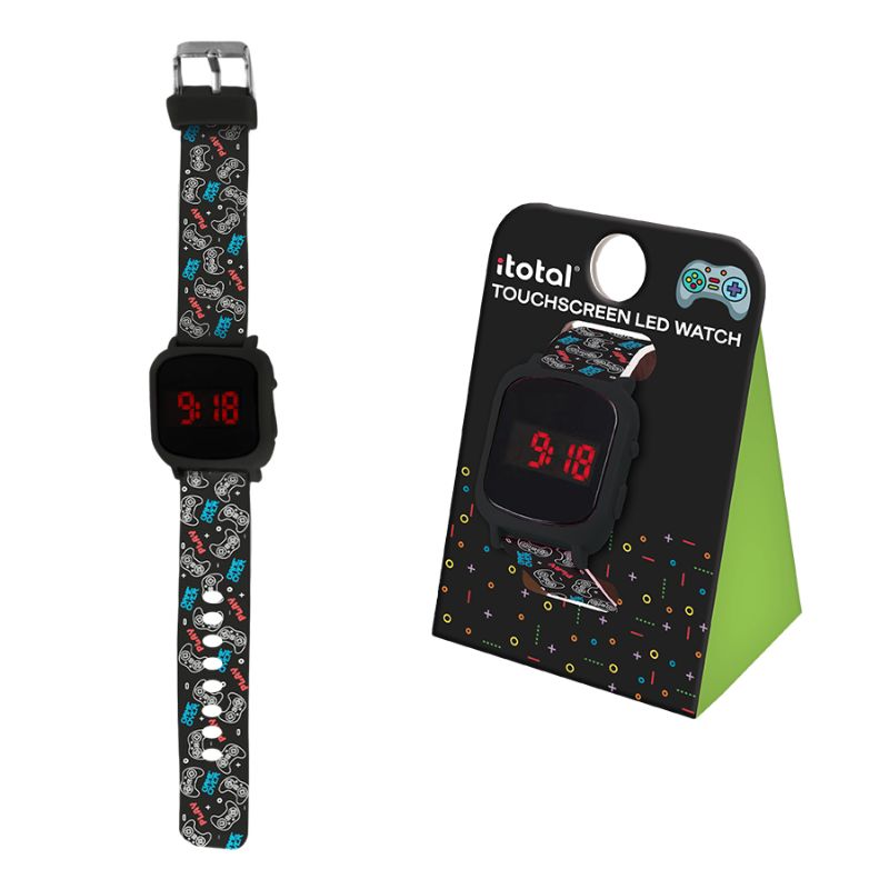 Embalagem verde-limão para o relógio infantil de videojogos, destacando um controlador de jogos e elementos coloridos da cultura gamer, com um visor do relógio mostrando a hora "9:18"
