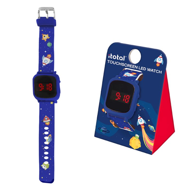 Embalagem azul e vermelha para o relógio infantil com tema espacial, mostrando um foguete e planetas coloridos, com um visor do relógio mostrando a hora "9:18".
