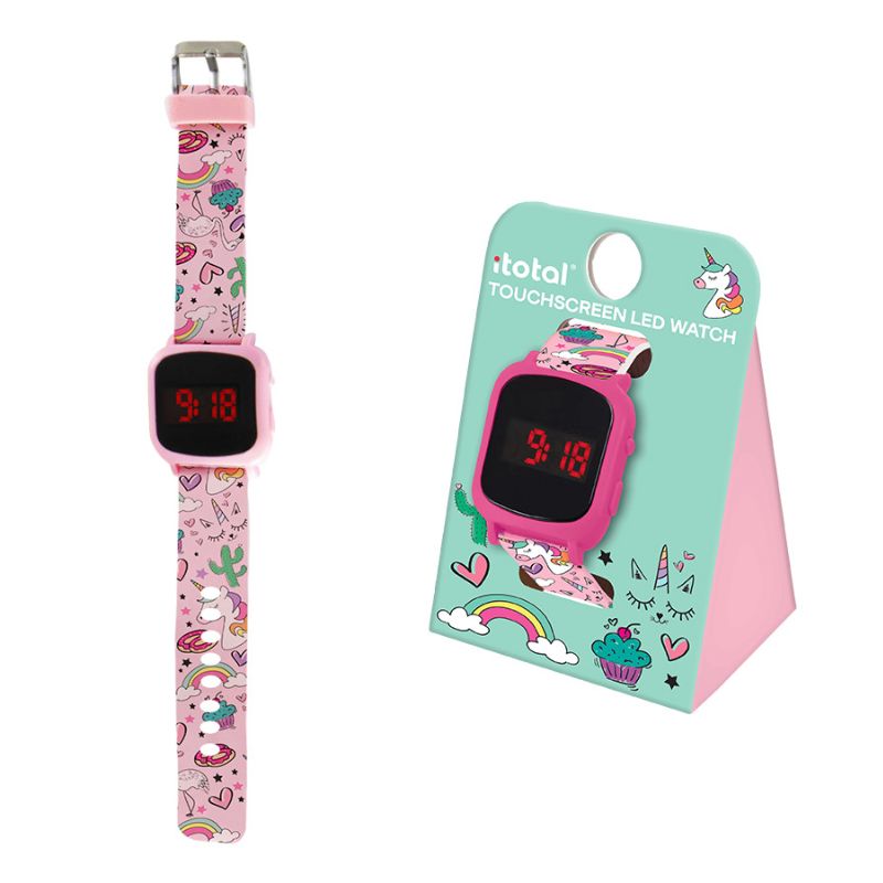 Relógio infantil com pulseira rosa decorada com desenhos animados de unicórnios, cupcakes e arco-íris, mostrando a hora "9:18" em vermelho sobre um visor digital preto. ao lda da embalagem rosa e azul para o relógio infantil com tema de unicórnio, destacando desenhos de unicórnios e corações, com um visor do relógio mostrando a hora "9:18".