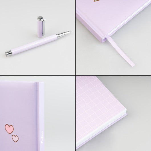 Detalhes do conjunto Pusheen Moments, incluindo o caderno e esferográfica premium.