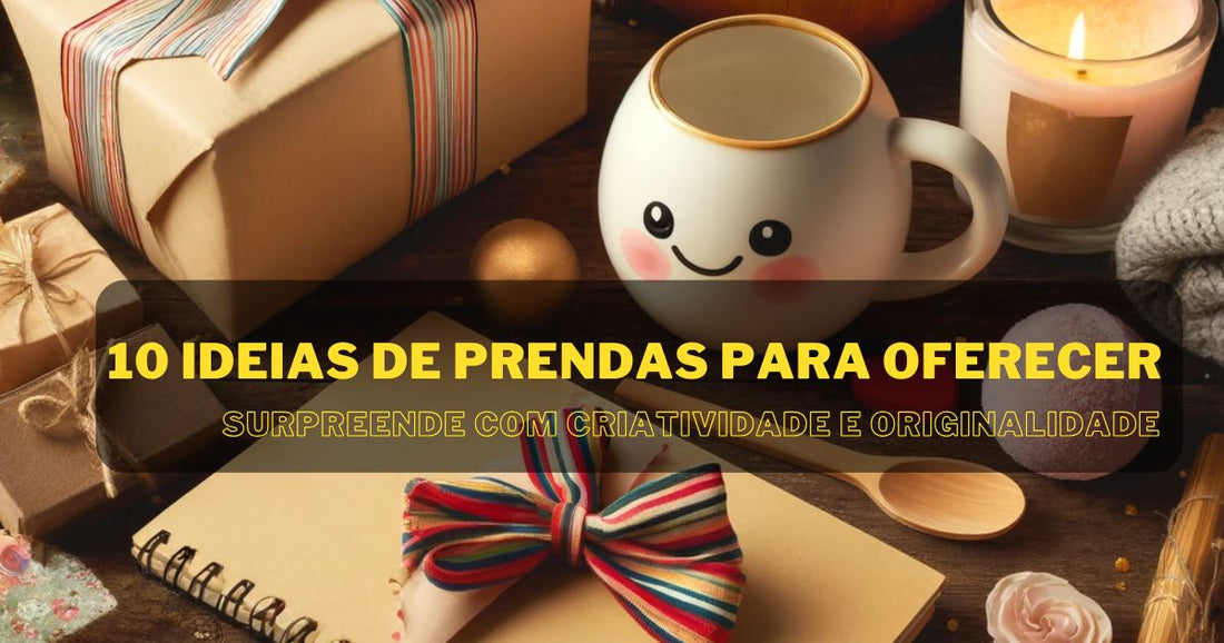 Imagem com Ideias de prendas para oferecer: caneca, cadernos, bombas de banho e presentes embrulhados.
