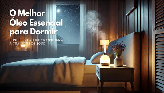 Quarto sereno à noite iluminado suavemente com um difusor de óleo essencial na mesa de cabeceira, emitindo uma névoa de óleo de lavanda, ideal para promover o sono relaxante.