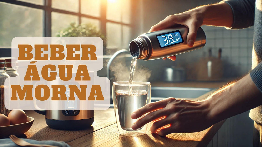uma pessoa a verter água morna de uma garrafa térmica com termómetro digital para um copo transparente numa cozinha moderna ao amanhecer. o vapor suave indica a temperatura morna da água.