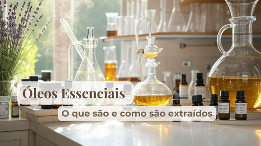 Laboratório com alambiques e destilação, frascos de óleos essenciais, lavanda, tema educativo sobre o que são e como são extraídos.