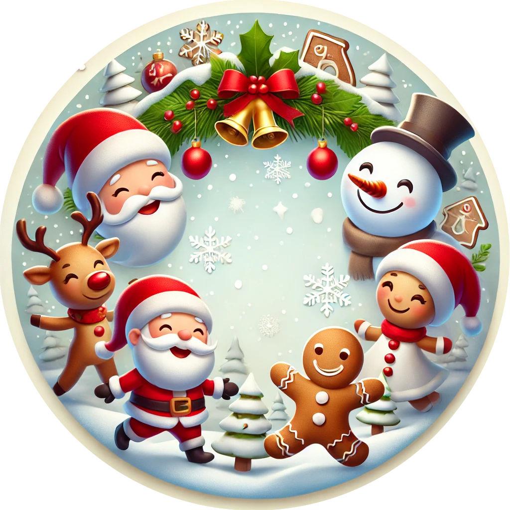 Desenho circular com tema de Natal, destacando prendas de natal originais com Pai Natal, rena, boneco de neve e homem de gengibre.