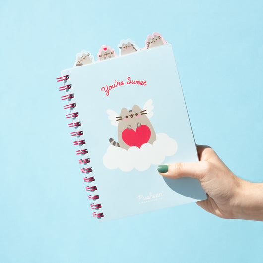 Caderno Pusheen A5 com separadores personalizados, capa mole e design fofo, segurado na mão.