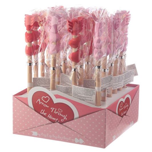 Expositor com lapis decorativos de madeira, com borrachas em forma de coracoes rosa e vermelho, perfeitos para presentes ou decoracao.