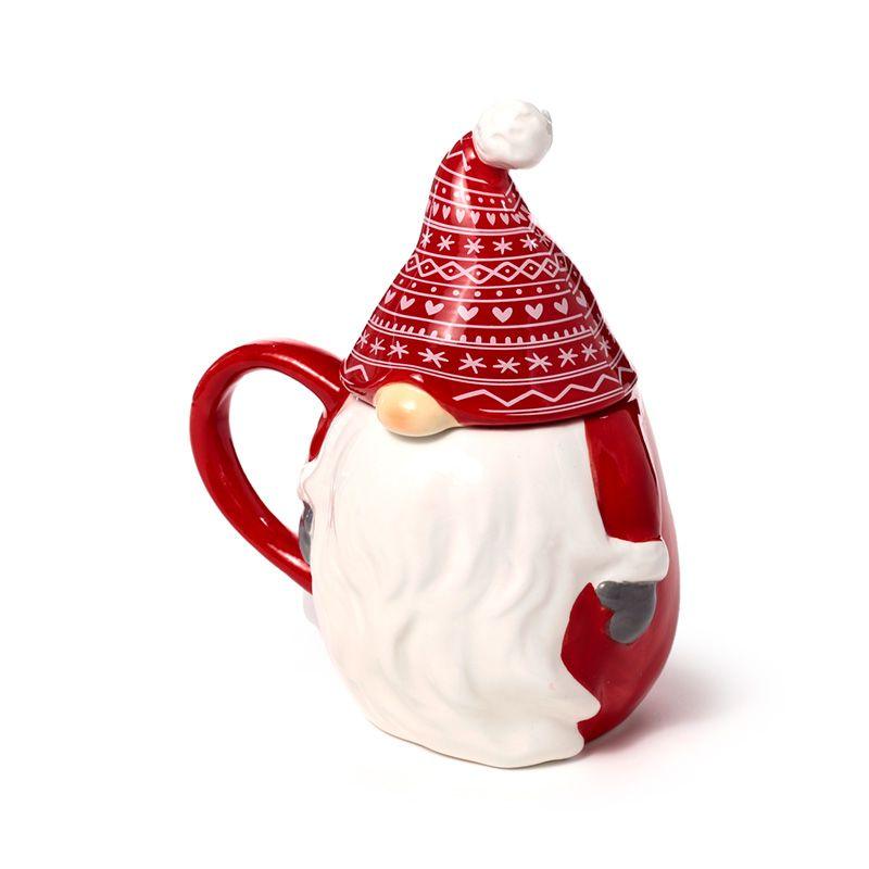 Caneca de Natal em cerâmica vermelha e branca com gorro de gnomo