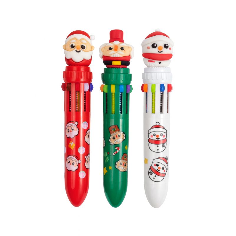 Três canetas de Natal multicolor com topo de Pai Natal, Quebra-Nozes e Boneco de Neve