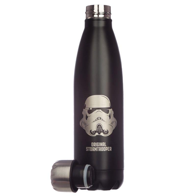 Garrafa termica Star Wars, em aço inoxidável preta e com tampa, decorada com a imagem de um capacete de Stormtrooper da saga Star Wars.