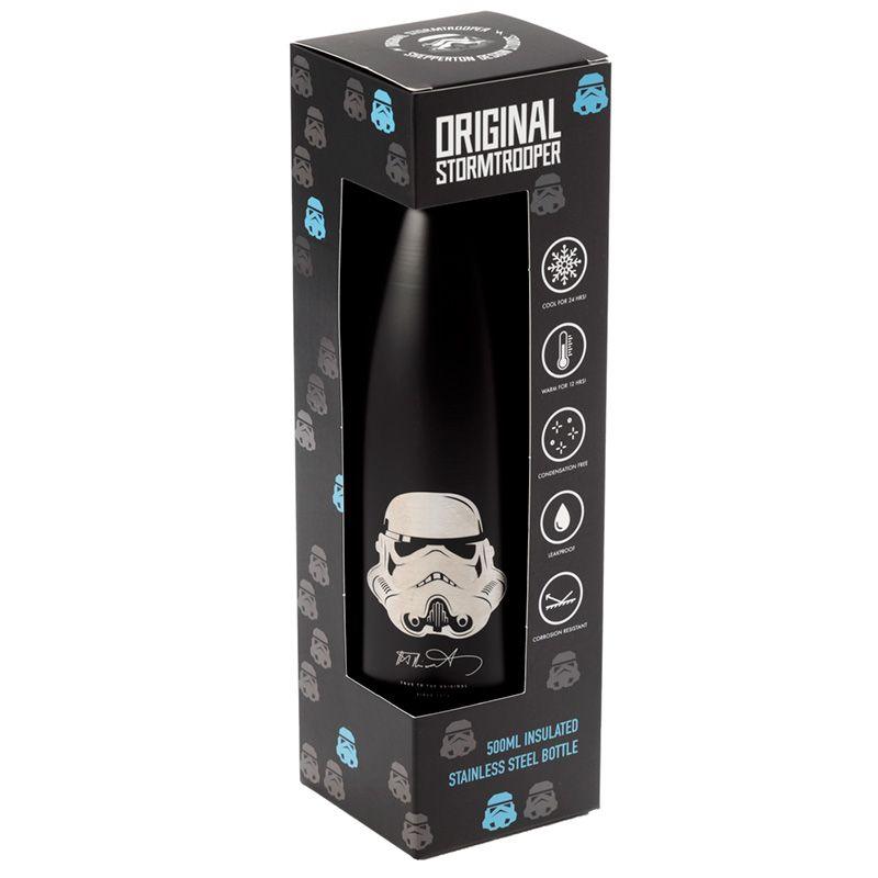 Embalagem da garrafa "Original Stormtrooper" com logotipos e ícones de Star Wars, oferecendo detalhes das características da garrafa.