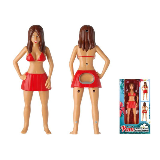 Abre-cápsulas divertido em forma de rapariga de praia com biquíni vermelho.
