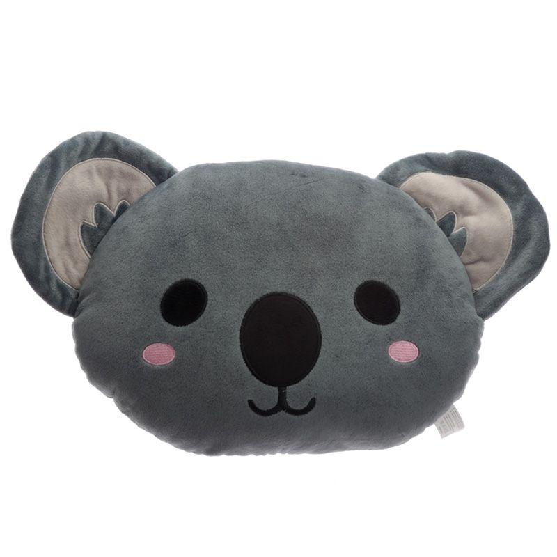 Almofada koala com expressão fofa, olhos grandes e nariz preto, ideal para decoração de quarto infantil.