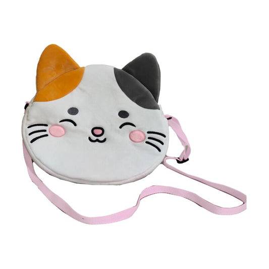 Bolsa de tiracolo em pelúcia com design de gata tricolor Lola e alça rosa ajustável.