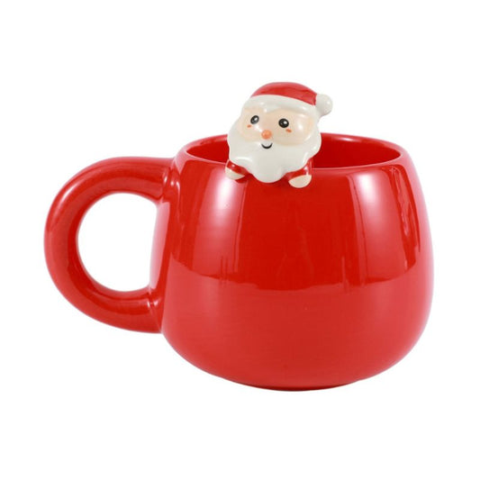 Caneca vermelha com figura do Pai Natal na borda, ideal para o Natal