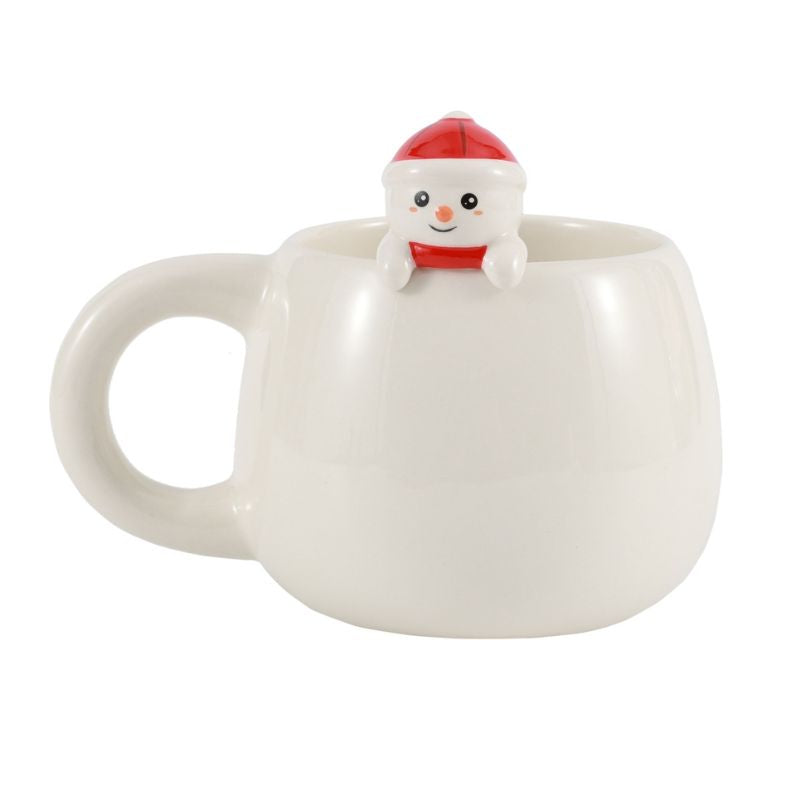 Caneca branca de Natal com figura de boneco de neve no bordo