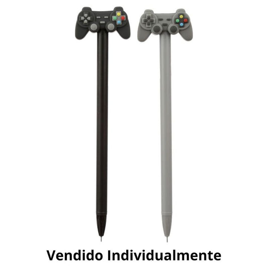 Canetas em forma de controlador de jogo nas cores preto e cinza, dispostas lado a lado, destacando o design inspirado em consoles clássicos.