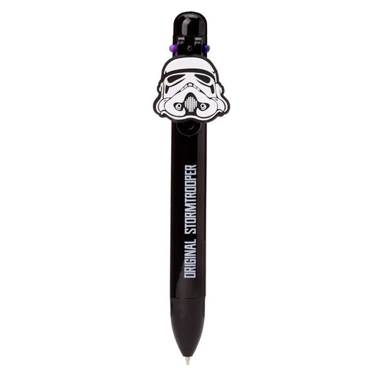 Caneta preta Stormtrooper com quatro opções de cor de tinta visíveis, design Star Wars.