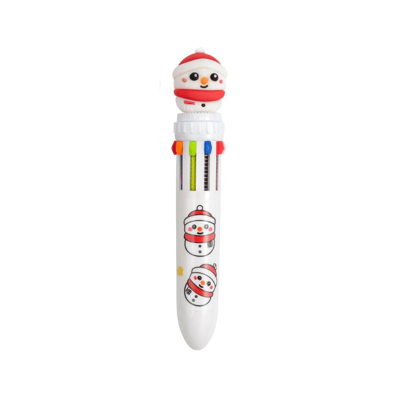 Caneta multicolor branca com topo de Boneco de Neve e ilustrações natalícias