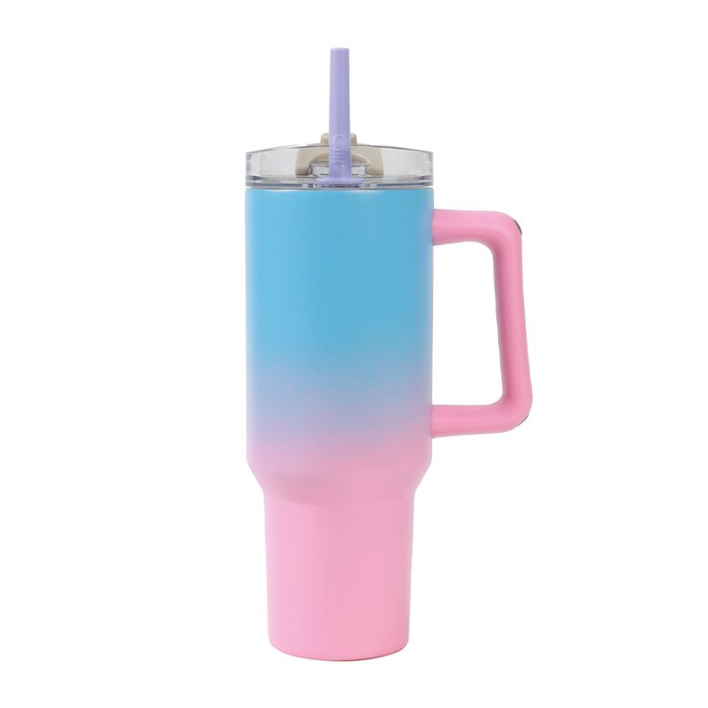 Copo térmico azul e rosa 1,2L com palhinha tipo Stanley