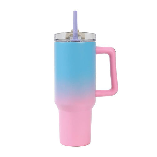 Copo térmico azul e rosa 1,2L com palhinha tipo Stanley