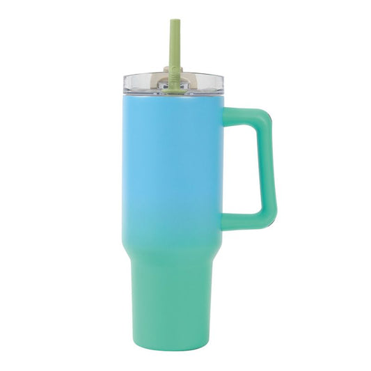 Copo térmico azul e verde 1,2L com palhinha tipo Stanley