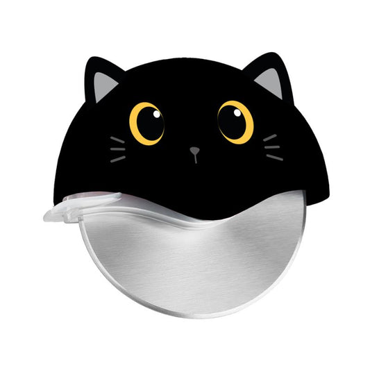 Cortador de pizza com formato de cabeça de gato preto e olhos amarelos