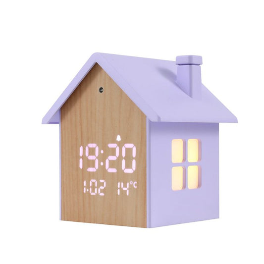 Despertador LED em forma de casinha lilás com display digital e luz de presença