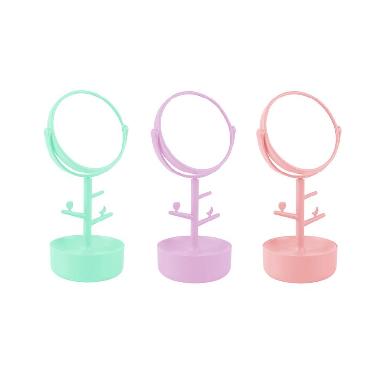 Espelhos de maquilhagem com porta-jóias em rosa, lilás e verde, da itotal