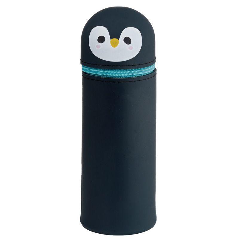 Estojo para lápis em silicone pinguim com design simpático e zíper verde.