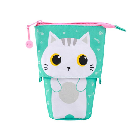 Estojo pop-up gato branco em posição estendida, de frente