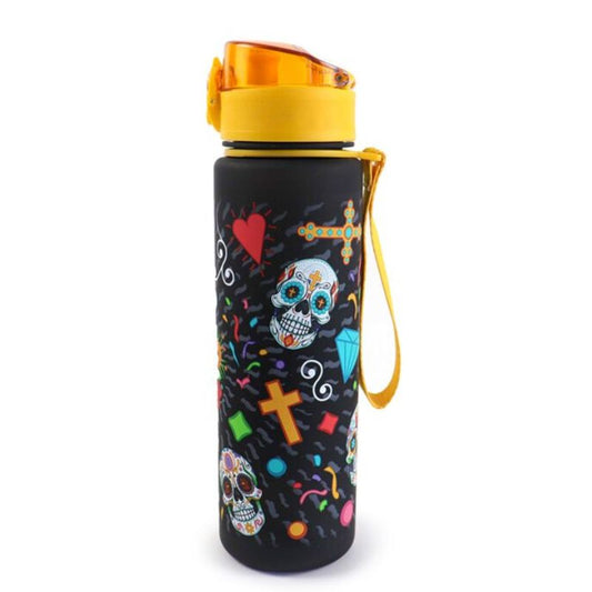 Garrafa reutilizável Día de los Muertos de 600ml com ilustrações de caveiras coloridas e padrão vibrante.