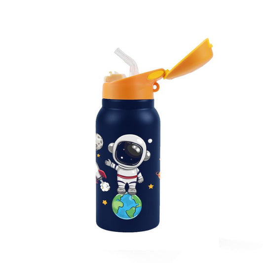 Garrafa térmica infantil com palhinha pop-up e astronauta