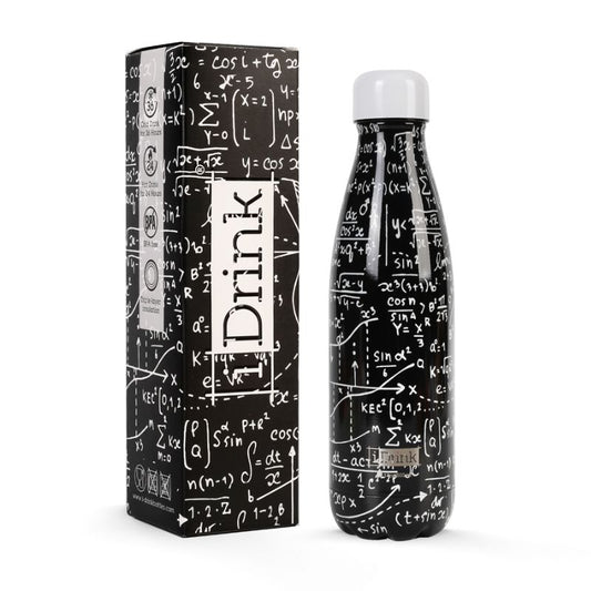 Garrafa térmica iDrink de 500ml com design de fórmulas matemáticas, feita em aço inoxidável 304, ideal para manter bebidas frias 36h e quentes 24h