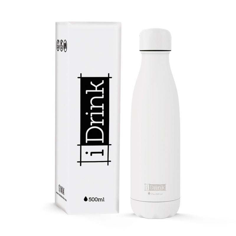 Garrafa Termica iDrink de 500ml branca com embalagem de venda ao lado