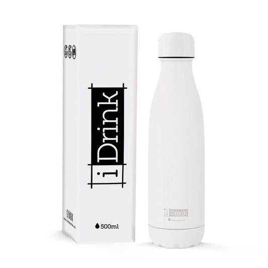 Garrafa Termica iDrink de 500ml branca com embalagem de venda ao lado