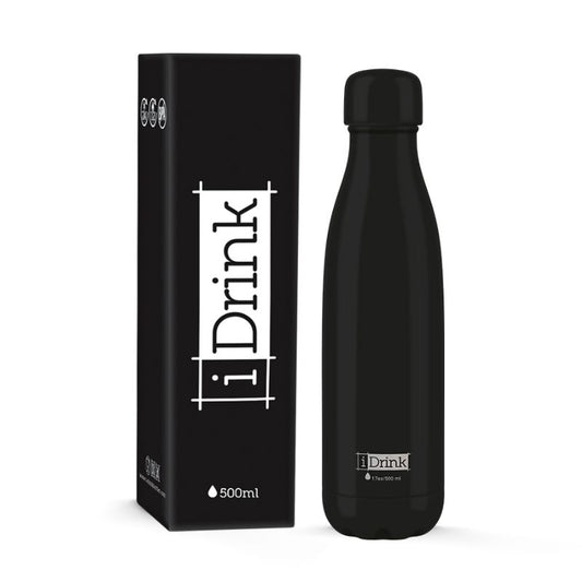 Garrafa termica idrink preta de 500ml com embalagem ao lado