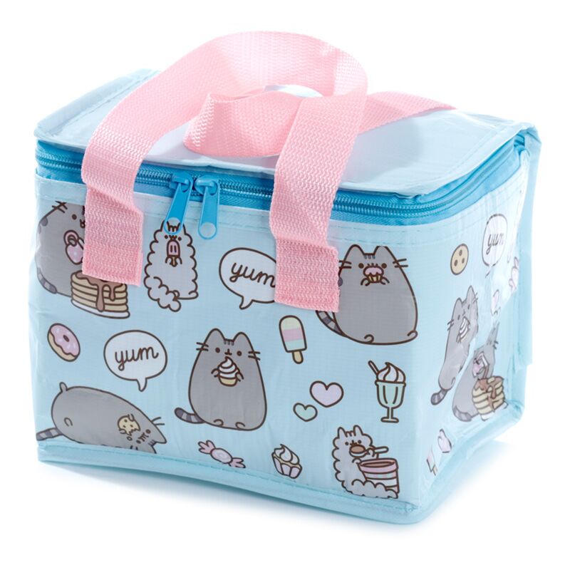 Lancheira térmica Pusheen com alças cor-de-rosa e tampa com fecho azul
