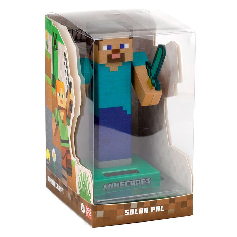 Boneco Solar Minecraft Steve dentro da embalagem transparente, pronto para ser um presente ideal para fãs de Minecraft.