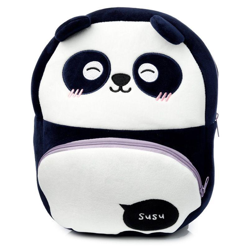 Mochila de criança em pelúcia com rosto de panda, vista frontal