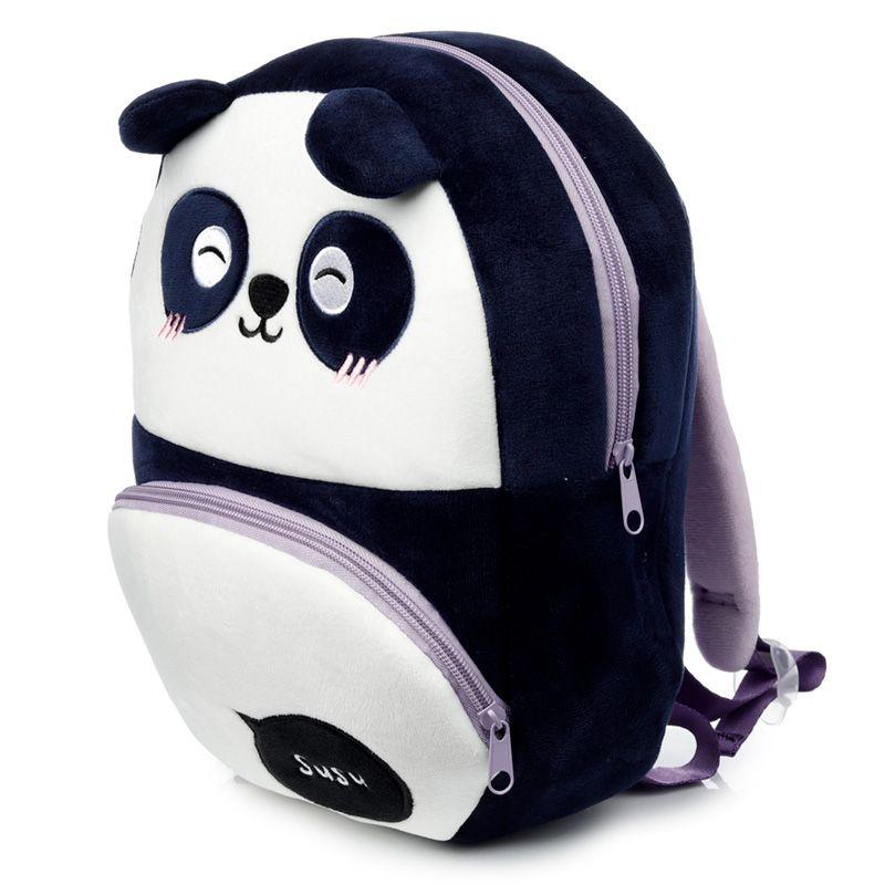 Mochila de criança em pelúcia com rosto de panda, vista lateral