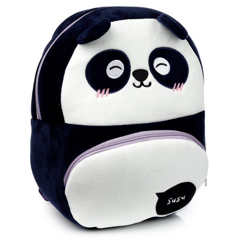 Mochila de criança em pelúcia com design de panda, vista completa frontal