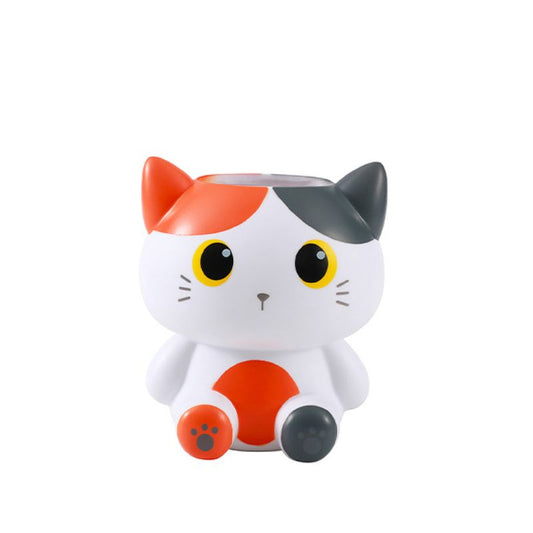 Porta-canetas 3D em forma de gato branco com olhos grandes e expressão adorável.