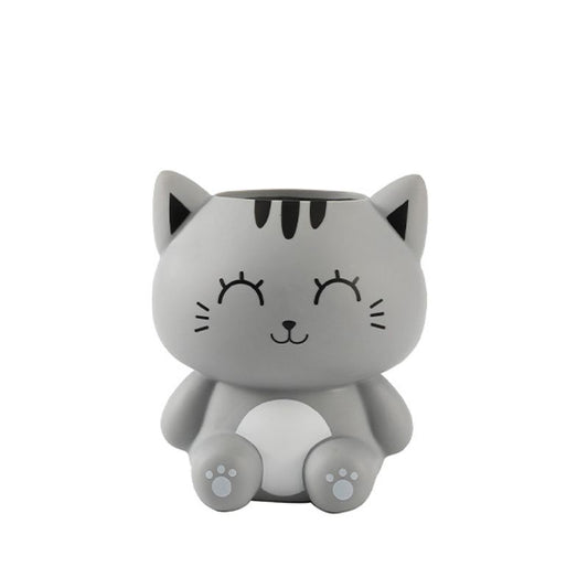 Porta-canetas 3D em forma de gato cinza com olhos grandes e expressão adorável.