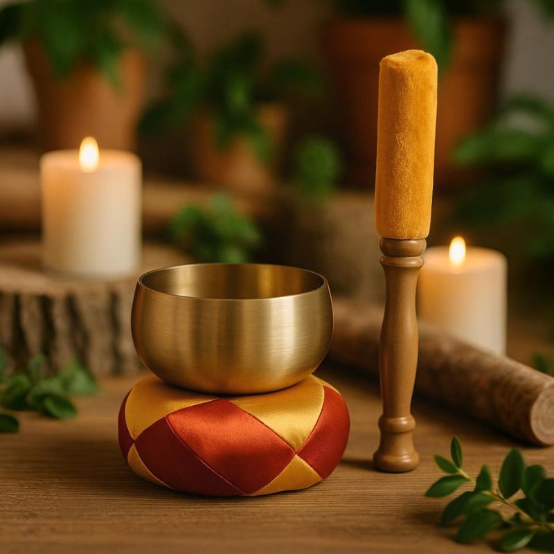 Taça tibetana dourada sobre almofada decorativa com batente em ambiente de meditação, rodeada por velas acesas e plantas.